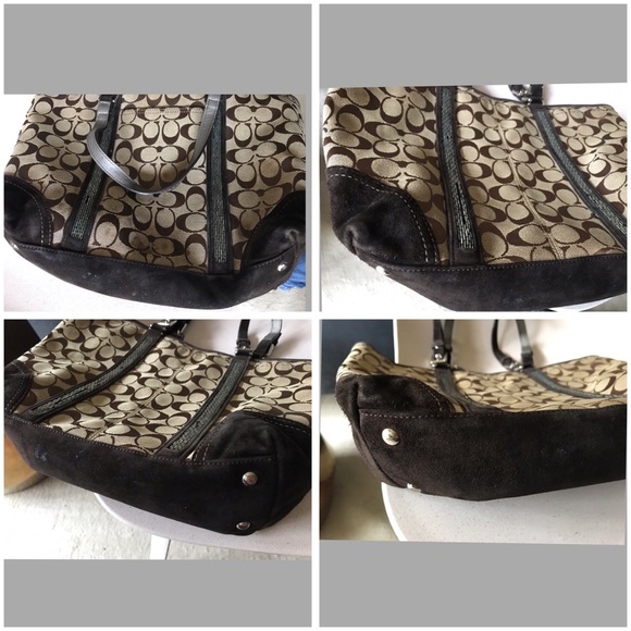 💖Coach Black Brown Suede Leather Zipper Tote Bag - Picture 7 of 8